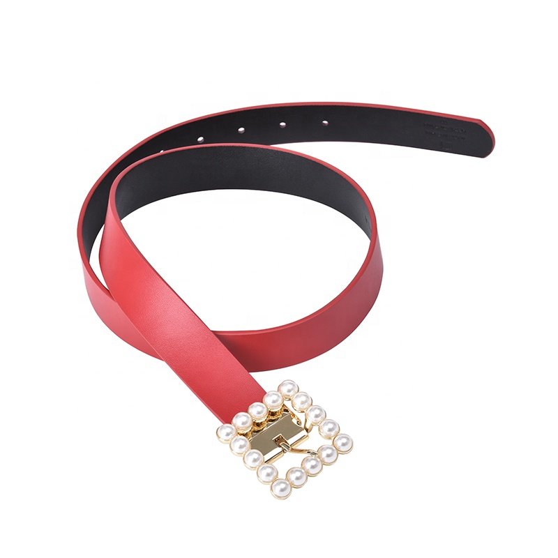 Double C Ring Pin Buckles Ladies PU Leather Pants Fashion Women Pearl Belt trousers ladies belt