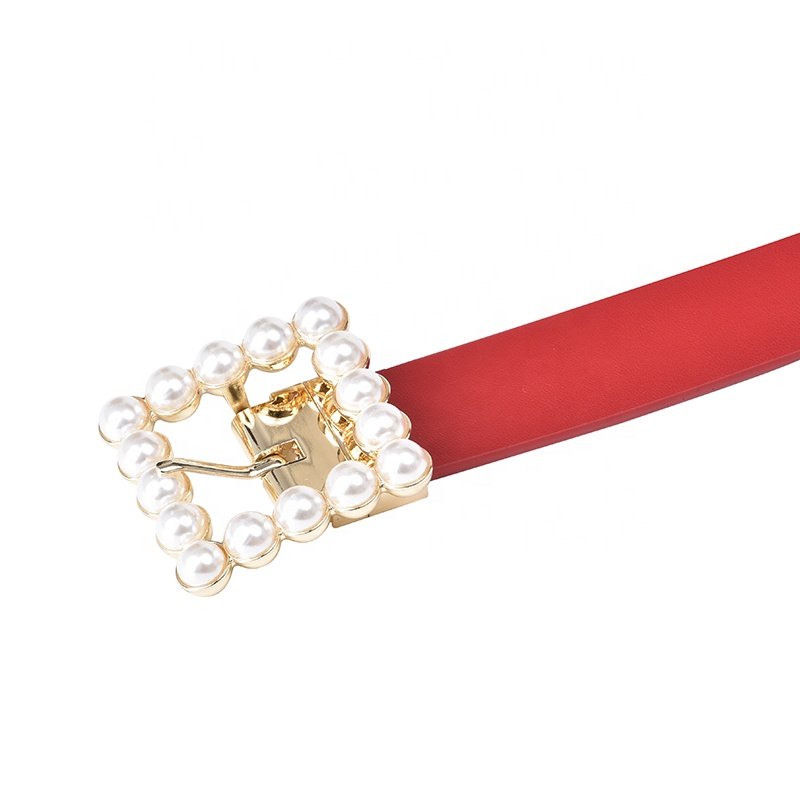 Double C Ring Pin Buckles Ladies PU Leather Pants Fashion Women Pearl Belt trousers ladies belt