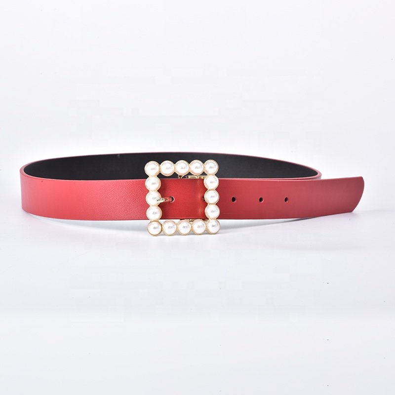 Double C Ring Pin Buckles Ladies PU Leather Pants Fashion Women Pearl Belt trousers ladies belt