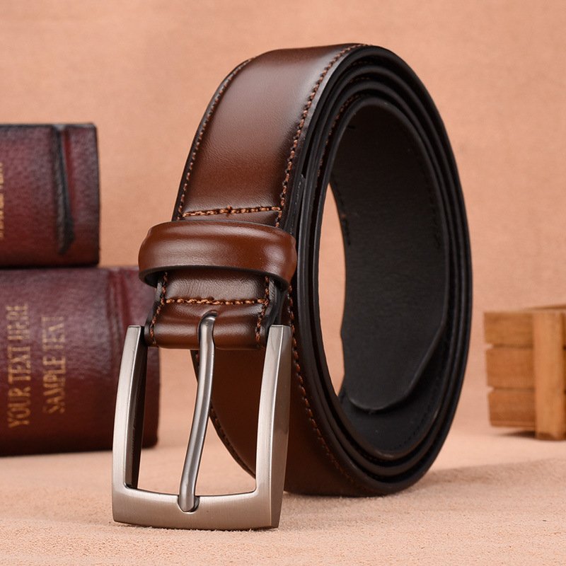 custom Men's Business Belt Genuine Cowhide Leather with Pin Buckle Perforated Design Durable Alloy Material
