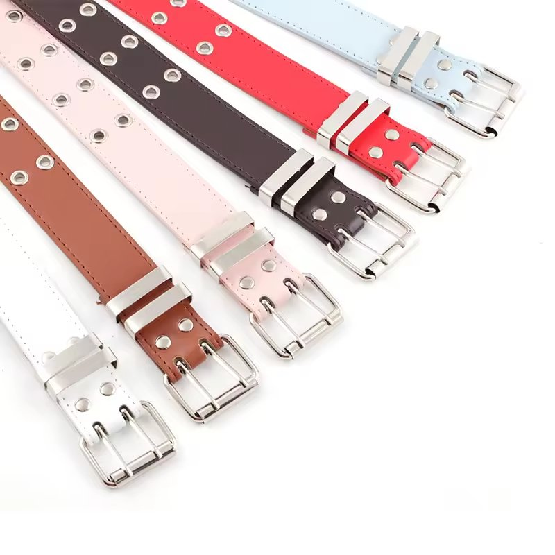 Hip Hop Punk Style Leather Belt with Holes Trendy Chain Decoration Matching Jeans Waist Belt