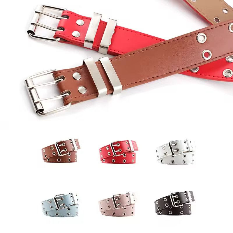 Hip Hop Punk Style Leather Belt with Holes Trendy Chain Decoration Matching Jeans Waist Belt