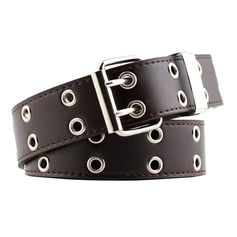 Hip Hop Punk Style Leather Belt with Holes Trendy Chain Decoration Matching Jeans Waist Belt