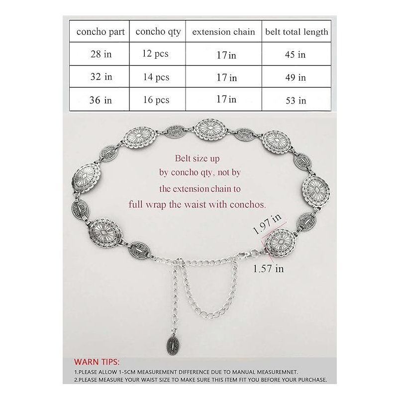 Western Metal Concho Belt for Women Cowgirl Chain Belts for Dresses Jeans Country Concert Outfit