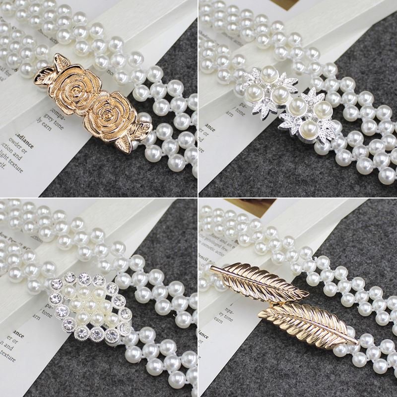 1 Ladies rhinestone Pearl waist chain fashion dress decorated with elastic belt elastic belt with sweet flowers.