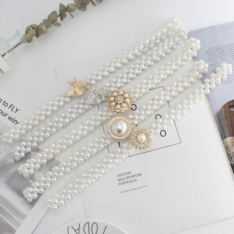1 Ladies rhinestone Pearl waist chain fashion dress decorated with elastic belt elastic belt with sweet flowers.
