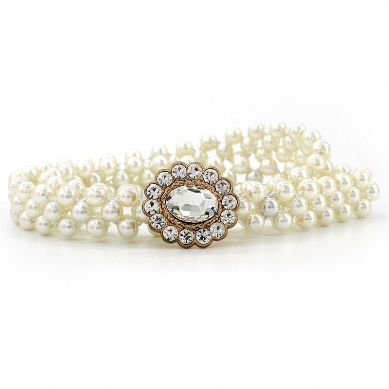 1 Ladies rhinestone Pearl waist chain fashion dress decorated with elastic belt elastic belt with sweet flowers.