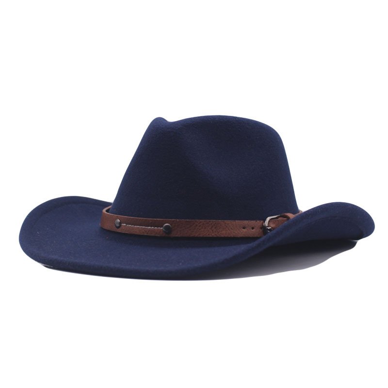 Vintage Western Cowboy Hat for Women Jazz Panama Cowgirl Hat Wide Brim Felt Fedora with Star Punk Belt Band