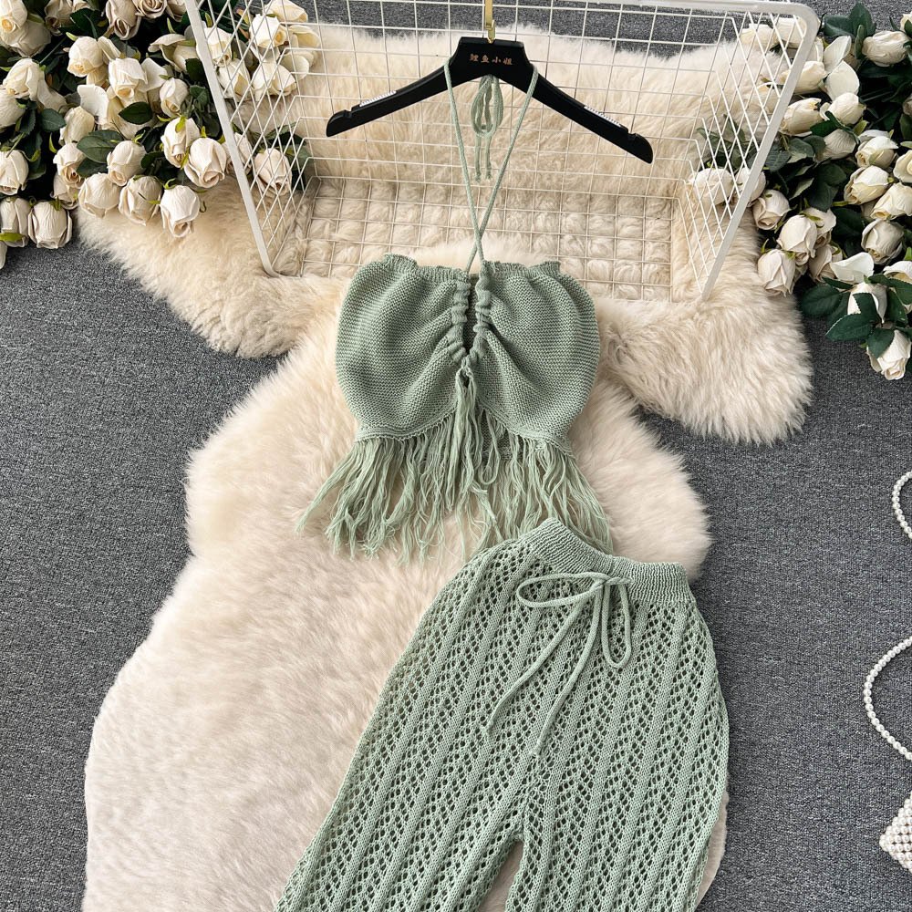 STOCK 4Colors Free Size Bikini Tank Top Tassel Knit Beach Pant Crochet Women Two Pieces Set