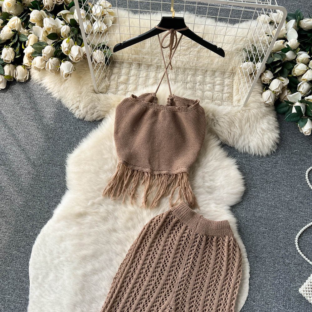 STOCK 4Colors Free Size Bikini Tank Top Tassel Knit Beach Pant Crochet Women Two Pieces Set