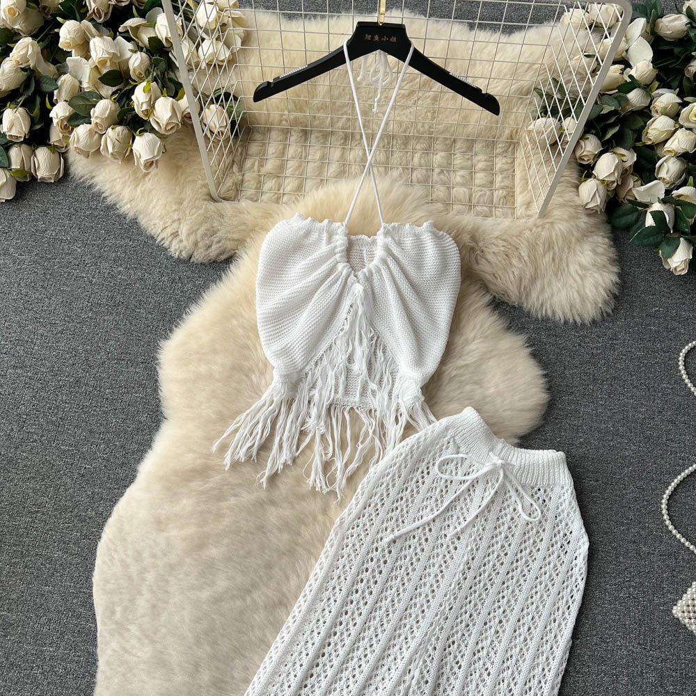 STOCK 4Colors Free Size Bikini Tank Top Tassel Knit Beach Pant Crochet Women Two Pieces Set