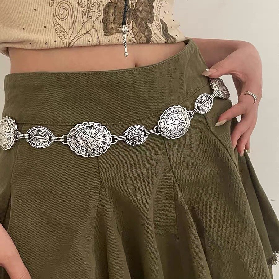 New Metal Waist Chain Bohemian Ethnic Style Chain Belt Metal Link Western Cowgirl Turquoise Chain Belt For Dress Shirts