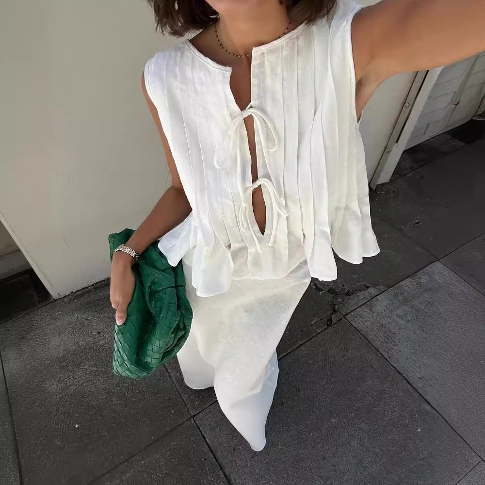 NEW STOCK Linen Women's Two Pieces Set Ties Front Shirt Top Long Skirt Casual Set