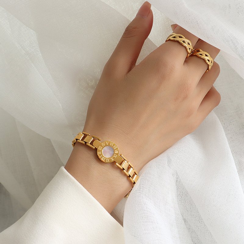 Female Bracelet Fashion Jewelry Titanium Steel 18k Real Gold Plated Roman Numeral White Seashell Watch Belt Bracelet for Women