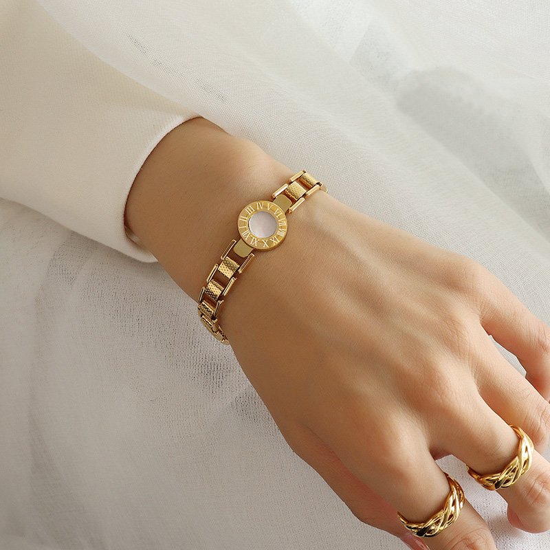 Female Bracelet Fashion Jewelry Titanium Steel 18k Real Gold Plated Roman Numeral White Seashell Watch Belt Bracelet for Women