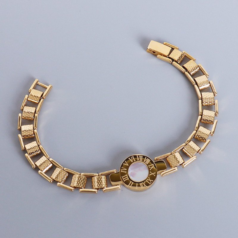 Female Bracelet Fashion Jewelry Titanium Steel 18k Real Gold Plated Roman Numeral White Seashell Watch Belt Bracelet for Women