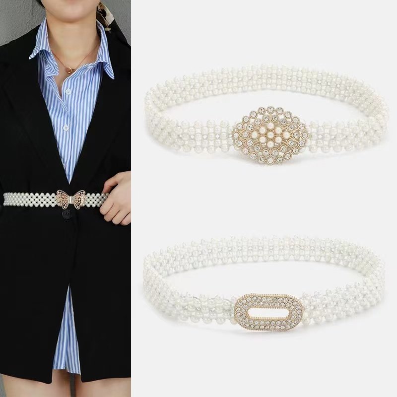 New Arrival 7 Design Rhinestone Pearl Elastic Fashion Lady Waist Chain Belt In Stock