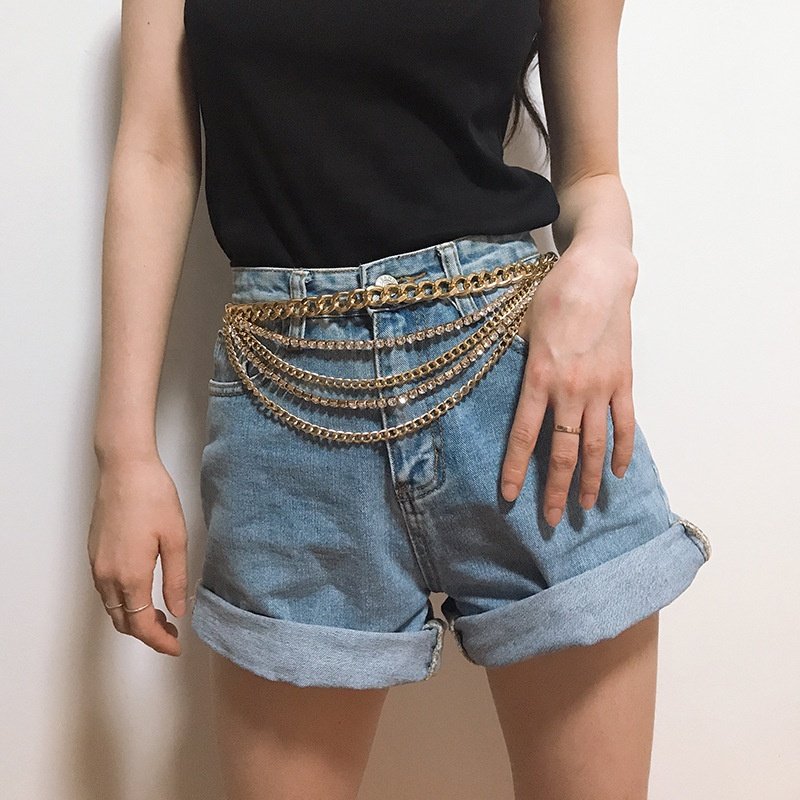 Sexy Waistbands Punk Hip Hop accessories Multi-layer Metal Waist Rhinestone Chain Dress Belt for ladies