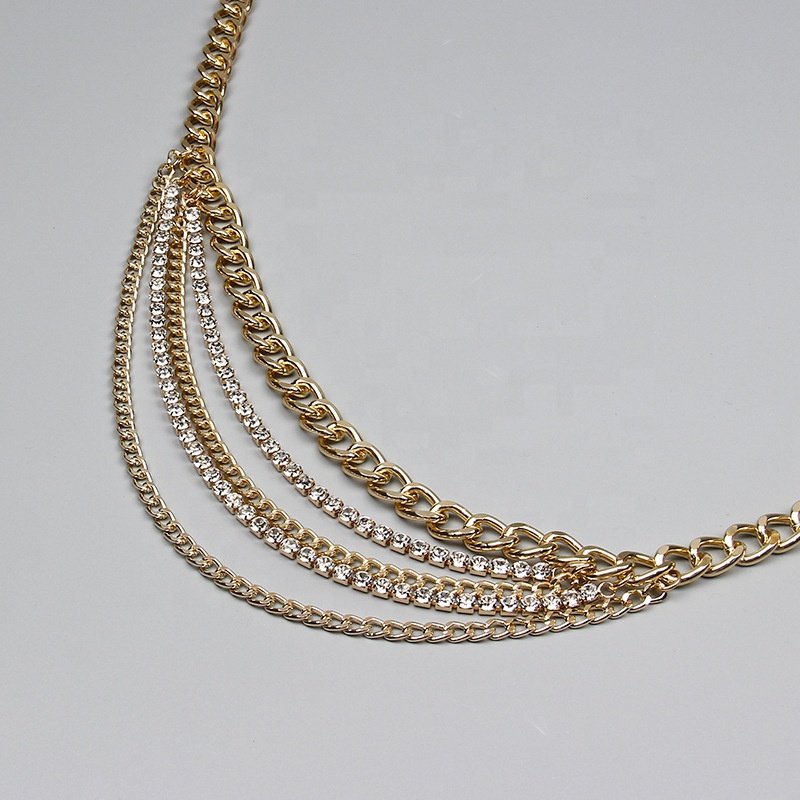 Sexy Waistbands Punk Hip Hop accessories Multi-layer Metal Waist Rhinestone Chain Dress Belt for ladies