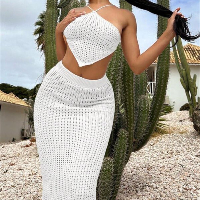 STOCK 3Colors Bikini Top Knit Skirt Crochet Women Two Pieces Set Hollow Out Beachwear Outfits