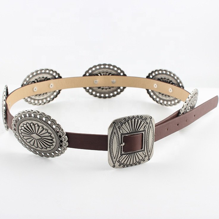 Fashion Vintage Boho West Cowgirl Western Metal Oval Concho Chain Women Belt Ins