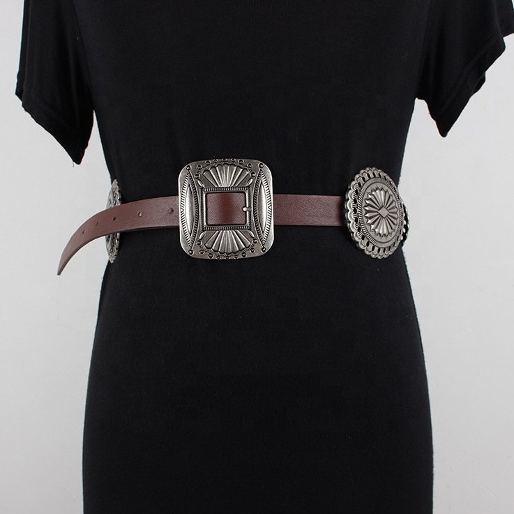 Fashion Vintage Boho West Cowgirl Western Metal Oval Concho Chain Women Belt Ins