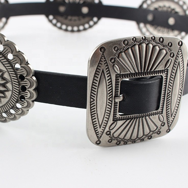 Fashion Vintage Boho West Cowgirl Western Metal Oval Concho Chain Women Belt Ins