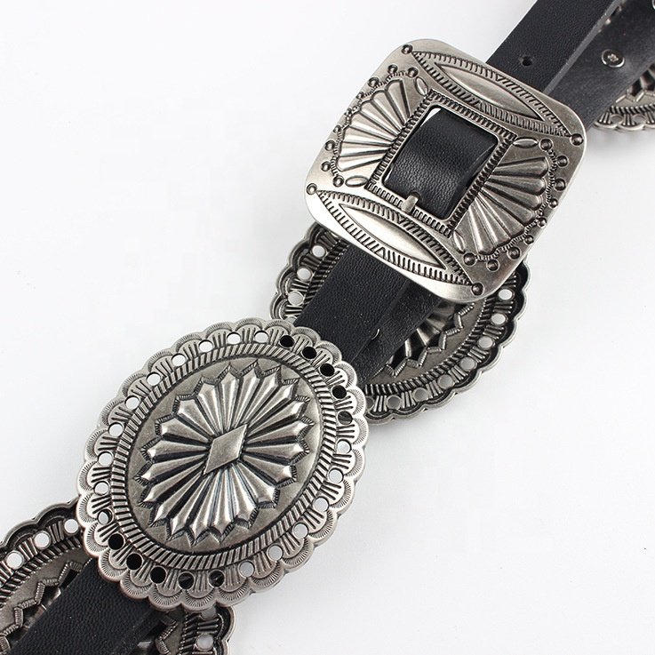 Fashion Vintage Boho West Cowgirl Western Metal Oval Concho Chain Women Belt Ins