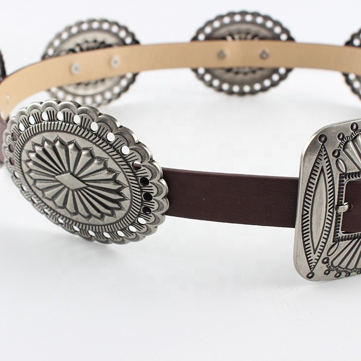 Fashion Vintage Boho West Cowgirl Western Metal Oval Concho Chain Women Belt Ins