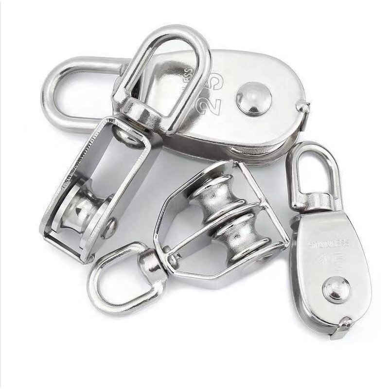 FULE Crane Hook Chain Snatch Ring Blocks Pulley System Lifting Wire Rope Cable Single Wheel Stainless Steel Swivel Pulley Block