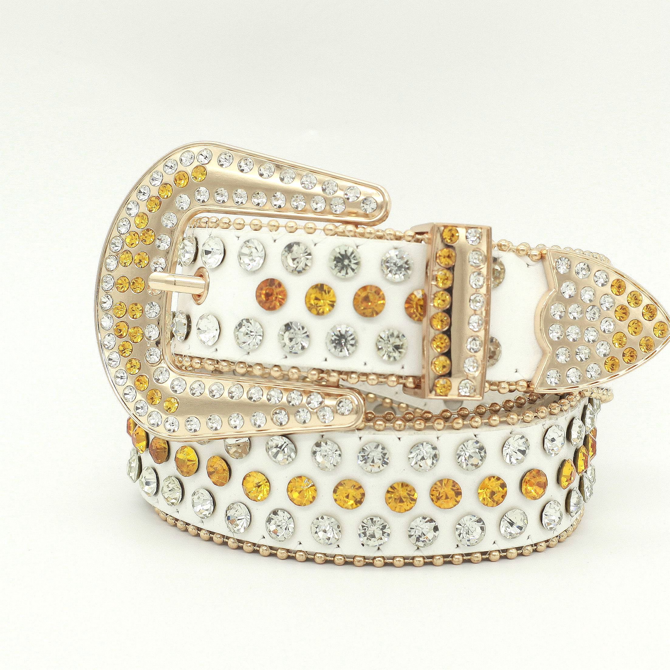 Shiny Studded Crystal PU Men and Women Accessories cowboy and cowgirl Bling metal Buckle Colorful Chain Rhinestone Belt