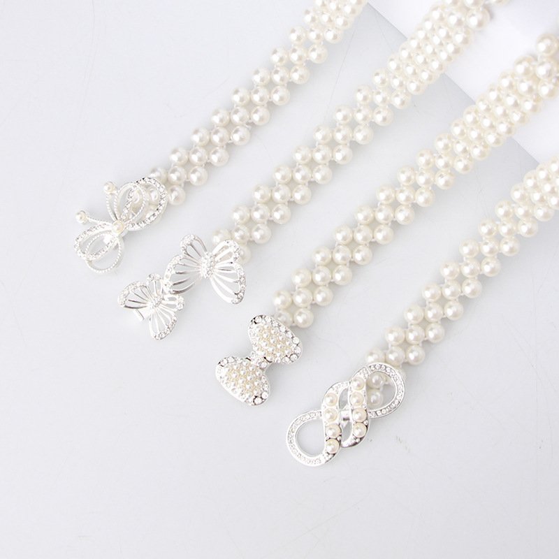 Wholesale Women Vintage Pearl Waist Chain Fashion Rhinestone Pearl Belt Elastic Beaded Belt for Women Dress Accessories