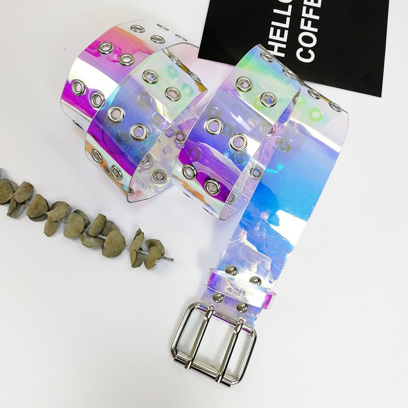 New Trendy Western Metal Hole Clear Pvc Chic Double Eyelets Grommet Transparent Leather Belts