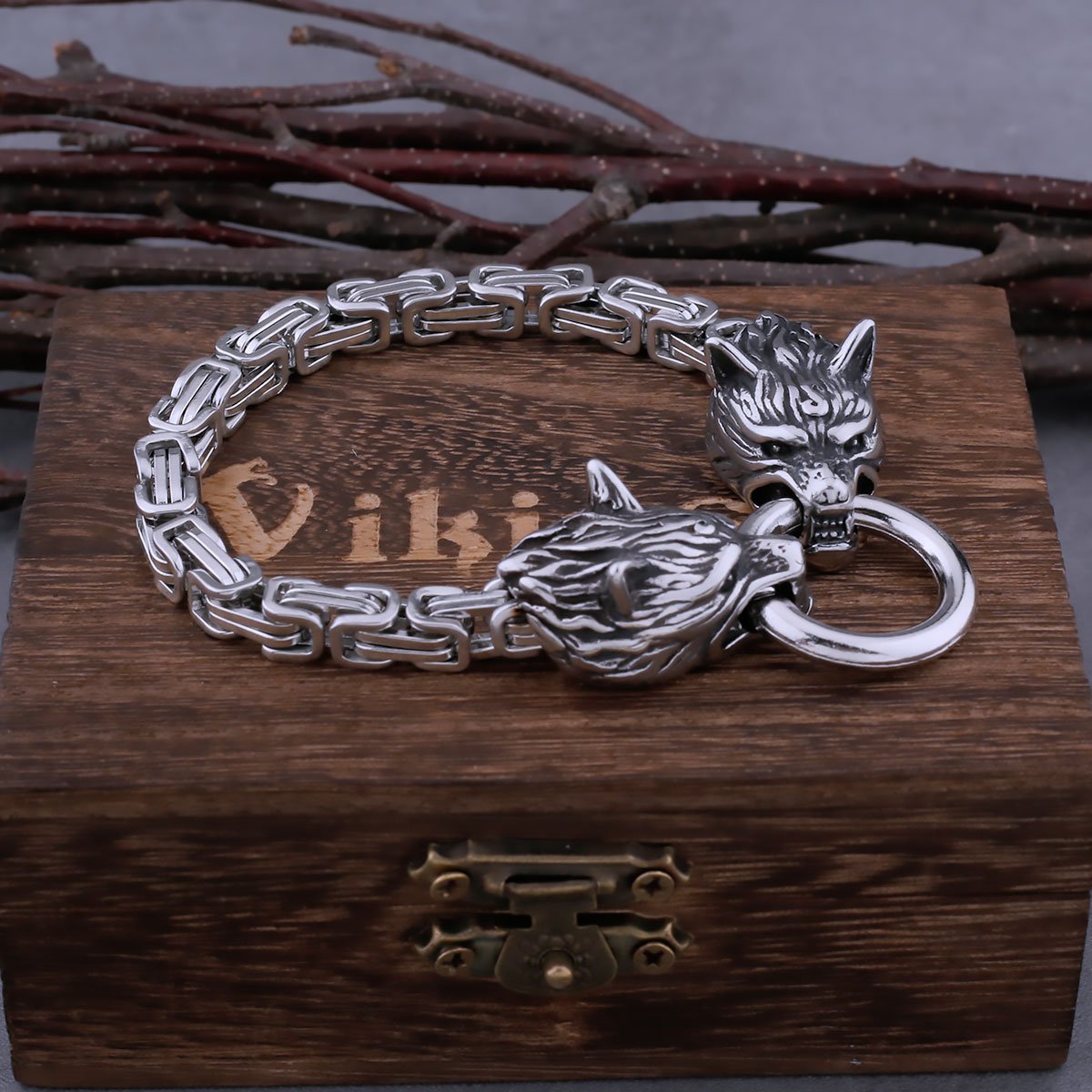 Viking Metal Celtic Wolf Head Stainless Steel Men's Bracelet Nordic Emperor Chain Belt Spring Buckle Jewelry Gift