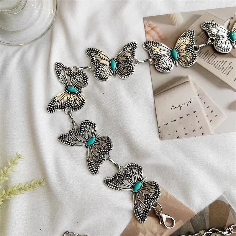 43.31 Inch Butterfly Metal Waist Chain Belt Women Western Adjustable Butterfly Link Turquoise Waist Belt for Dress Jeans