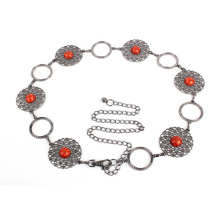 Lady Oval Turquoise Stone Concho Retro Metal Belt Body Chain Jewelry Waist Belts for women