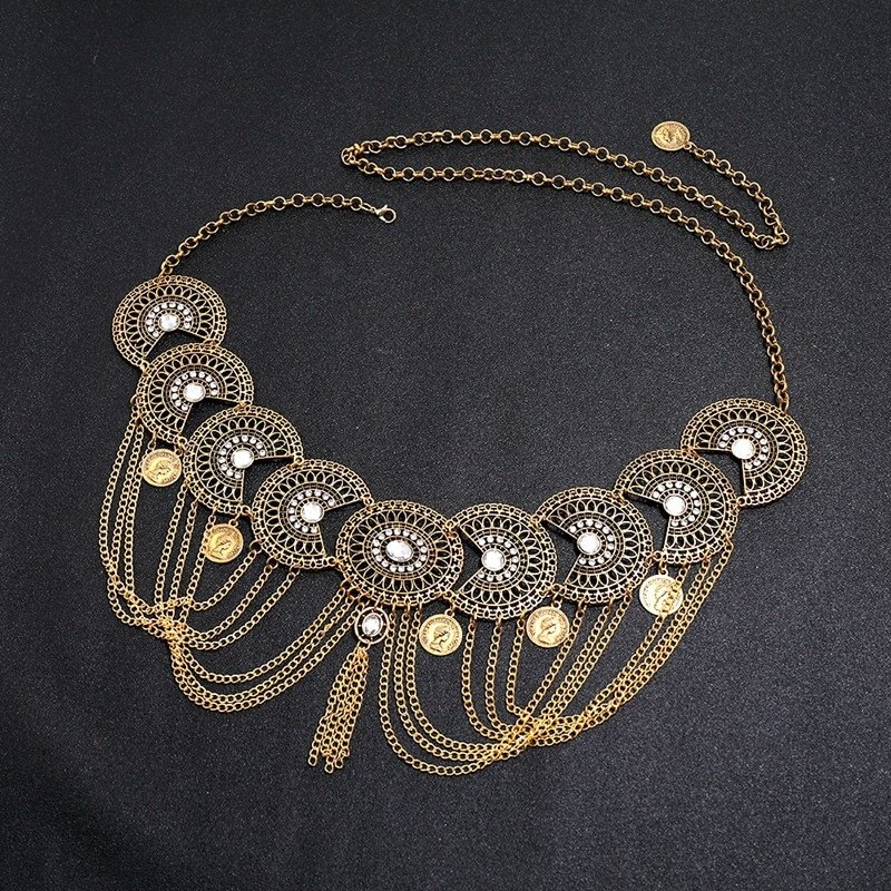 Retro Ethnic Style Belly Chain For Women Alloy Hollow Carved Rhinestone Coin Tassel Waist Jewelry Dress Accessories