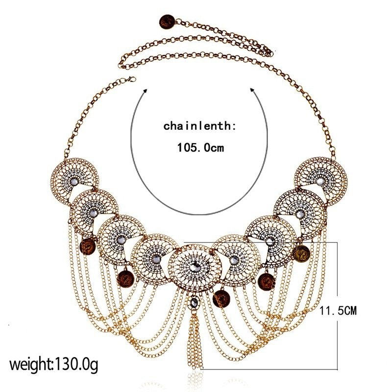Retro Ethnic Style Belly Chain For Women Alloy Hollow Carved Rhinestone Coin Tassel Waist Jewelry Dress Accessories