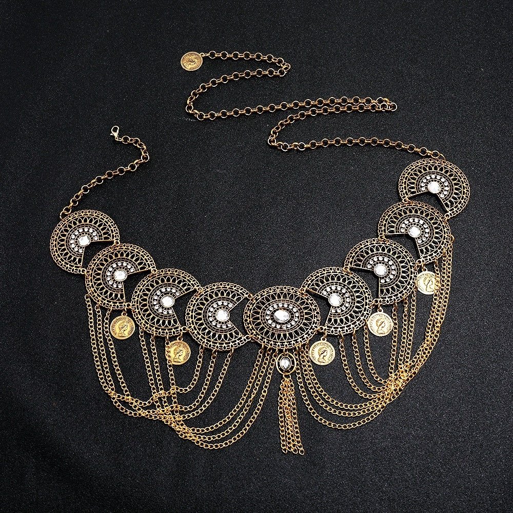 Retro Ethnic Style Belly Chain For Women Alloy Hollow Carved Rhinestone Coin Tassel Waist Jewelry Dress Accessories