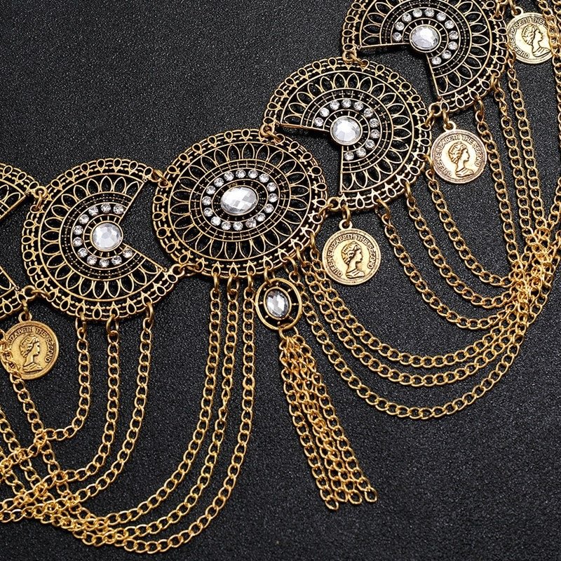 Retro Ethnic Style Belly Chain For Women Alloy Hollow Carved Rhinestone Coin Tassel Waist Jewelry Dress Accessories