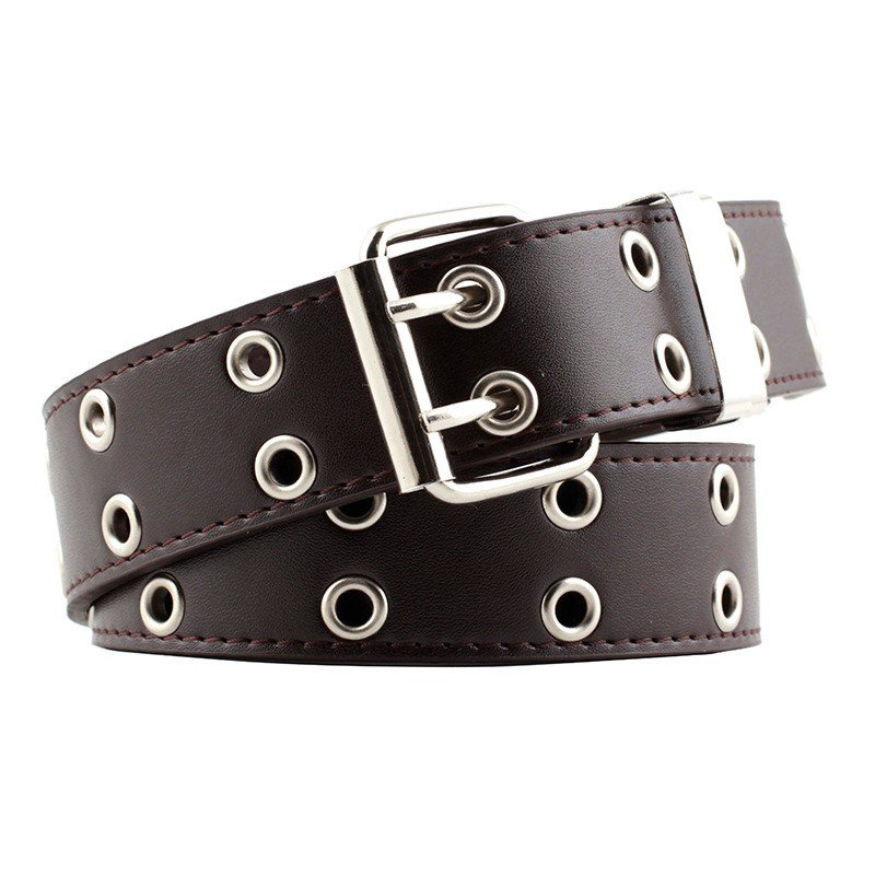 Double Grommet PU Leather Belt for Women/Men Punk metal Jean Belt