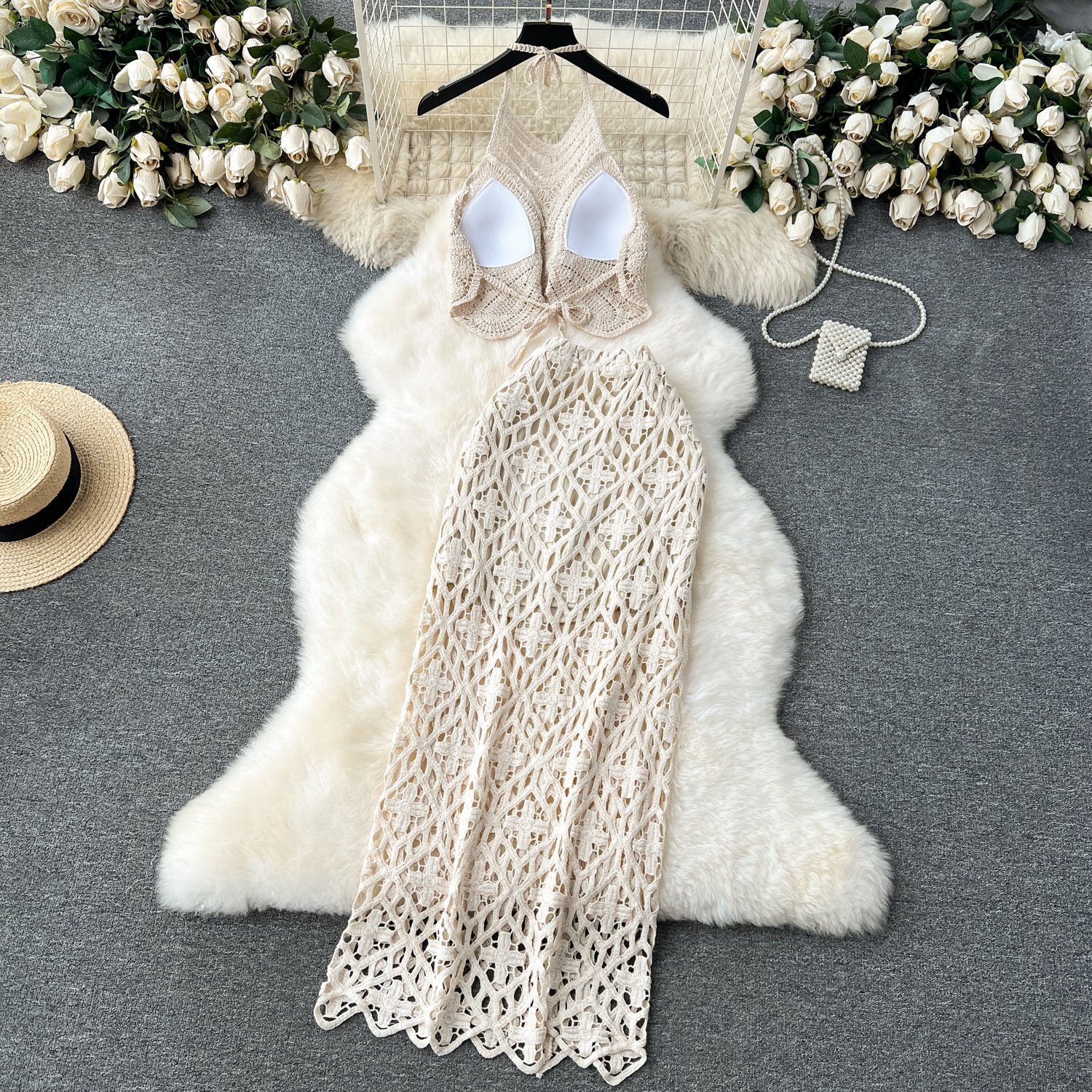 STOCK Two Colors Crochet Bikini Top With Pad Crop Top Knit Women Two Pieces Set Beachwear Long Beach Skirt