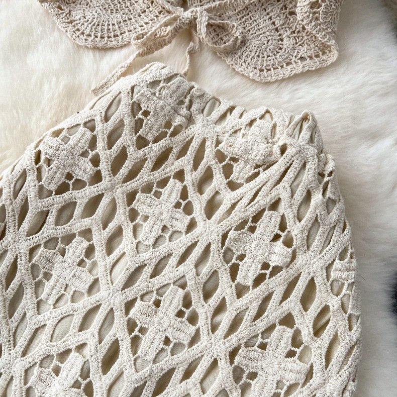 STOCK Two Colors Crochet Bikini Top With Pad Crop Top Knit Women Two Pieces Set Beachwear Long Beach Skirt