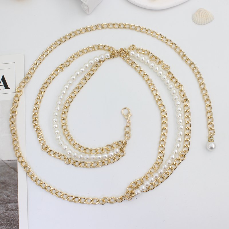 Vintage New Design High Quality Fast Shipping Pearl Metal Waist Chain for women dresses woman casual belt