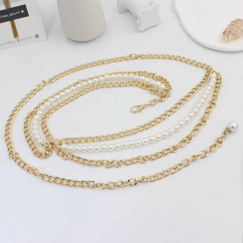 Vintage New Design High Quality Fast Shipping Pearl Metal Waist Chain for women dresses woman casual belt