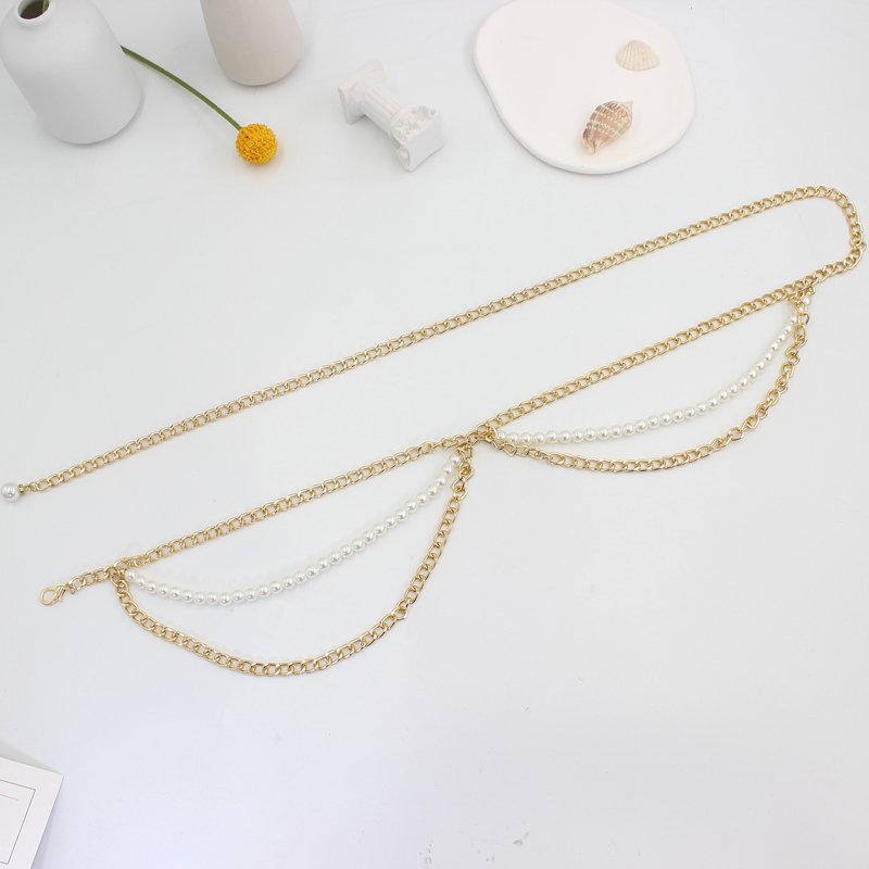 Vintage New Design High Quality Fast Shipping Pearl Metal Waist Chain for women dresses woman casual belt