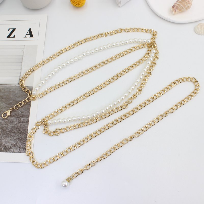 Vintage New Design High Quality Fast Shipping Pearl Metal Waist Chain for women dresses woman casual belt