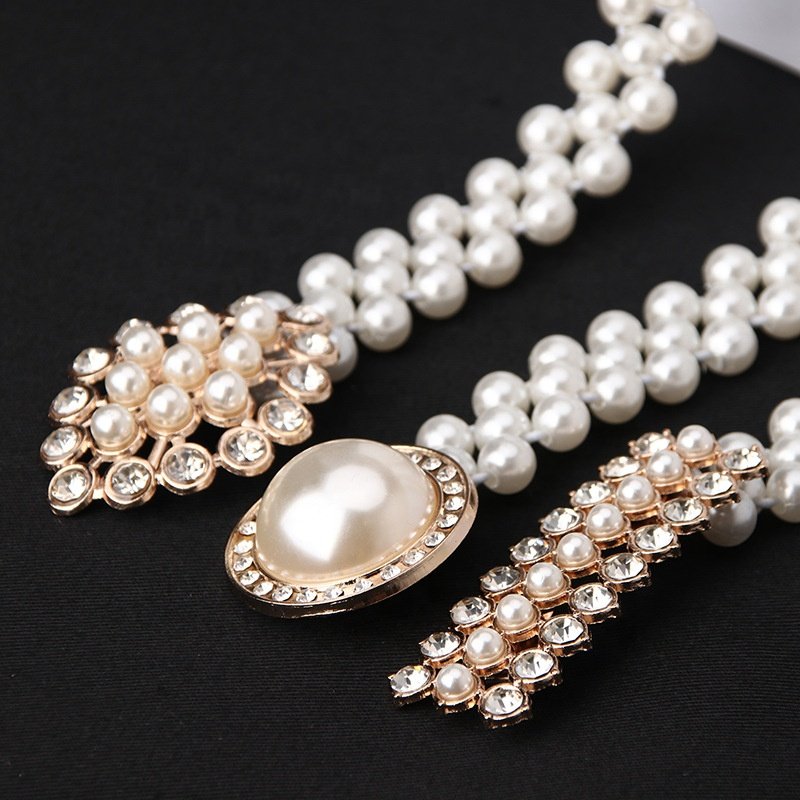 Wholesale Bling Rhinestone Pearl Designer Belt Luxury Fancy Stylish Metal Waist Chain Crystal Buckle Belts Fashion For Woman