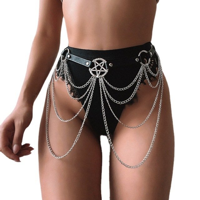 European and American punk style sexy chain sexy leather waist chain garter belt body chain belt performance jewelry belt