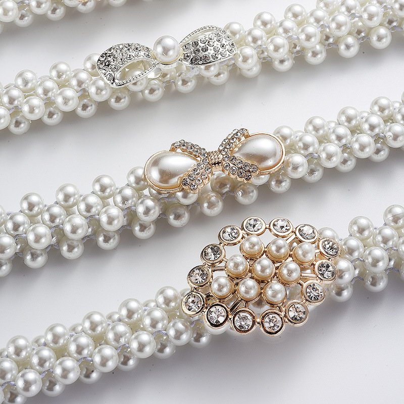 Dress Decoration Waistbands Elastic Buckle Beaded Girdle Pearls Waist Belts For Women